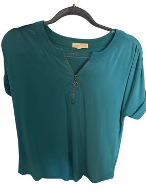 Teal Zip-Front Short Sleeve Top